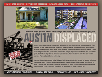 Austin Displaced splash page, concept and design.