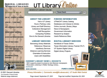 Integrated graphic user interface, UT Library Online, 2006. My comprehensive site design was precursor for the current $1,000,000+ version.