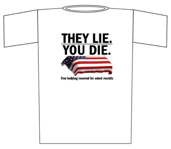 T-shirt design for silent protest against military recruiters near UT Austin, 2008.