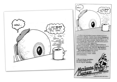 Mariposa Express, quarter page newspaper ad, concept, copy, and design (Sam Hurt cartoon)